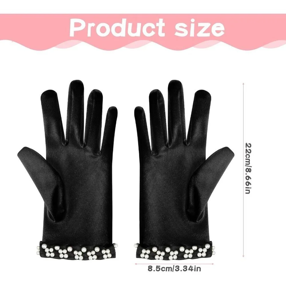 Women's Black Short Satin Wedding Tuxedo Pearl Floral Imported Polyester Gloves